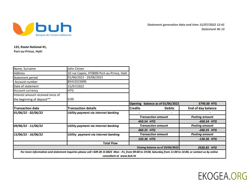 Relevé bancaire Haïti BUH xls